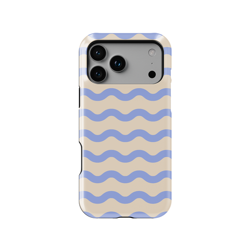 Beige and blue wavy striped phone case featuring soft horizontal wave lines in muted blue on a warm beige background. Minimalist coastal-inspired pattern with flowing curved stripes that create a calm ocean aesthetic on a slim glossy cover design.