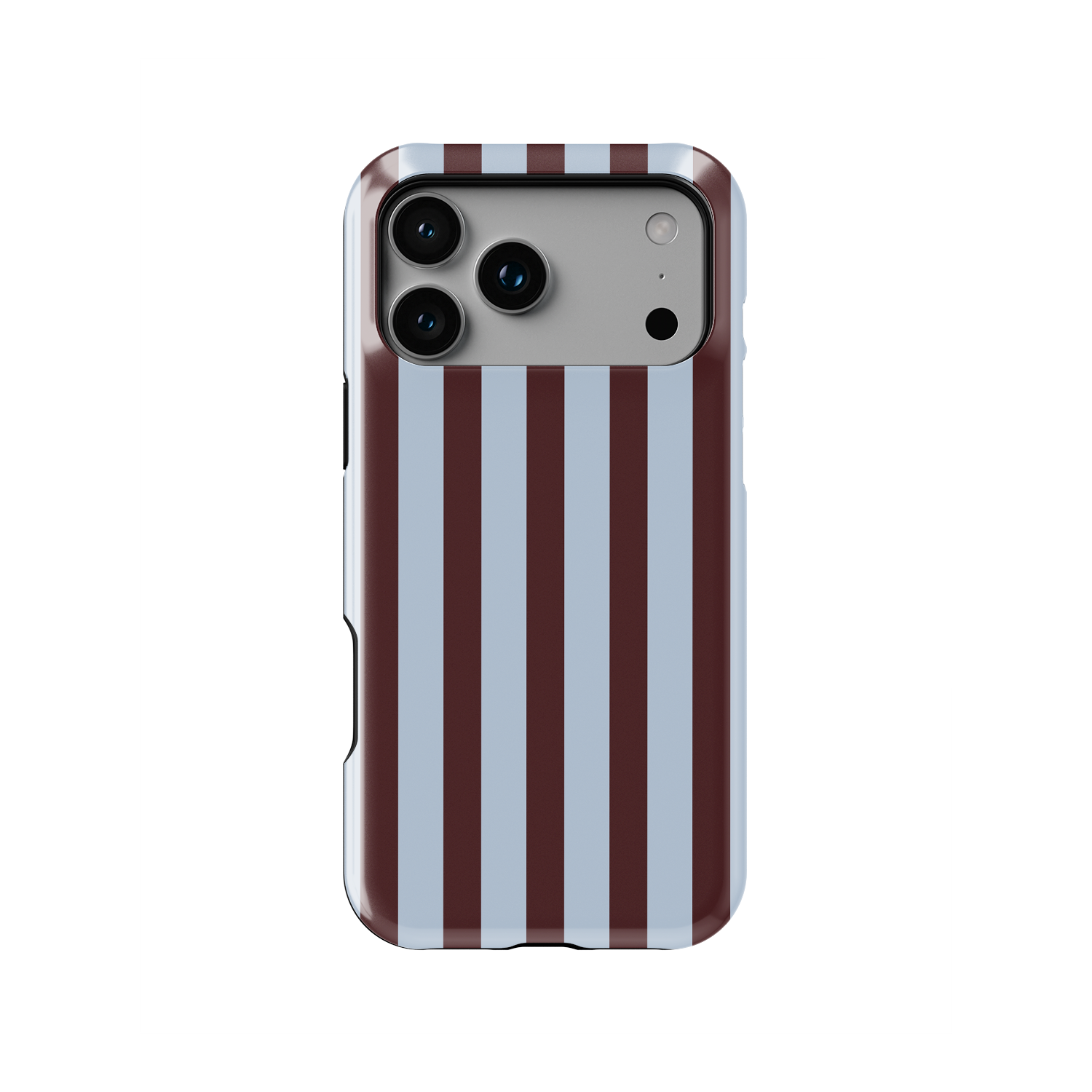 Brown and baby blue striped phone case featuring clean vertical mocha brown stripes alternating with soft pastel blue bands. Minimalist modern pattern with warm earthy tones and cool light blue contrast, creating a chic contemporary aesthetic on a slim glossy cover.