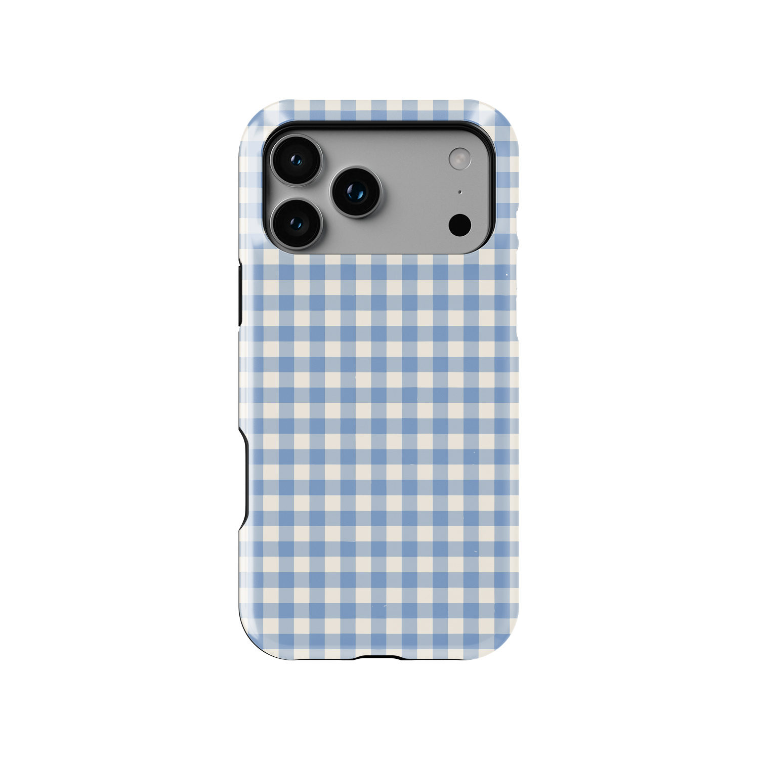 Blue gingham phone case featuring a soft pastel blue and white checkered pattern inspired by classic picnic blankets. Minimalist cottagecore aesthetic with small square checks in a balanced grid layout, creating a clean vintage look on a slim glossy cover.