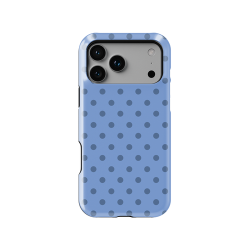 Blue polka dot phone case featuring soft pastel blue background with evenly spaced dark blue dots, chic aesthetic protective phone case for women with glossy slim fit design and durable dual layer protection.