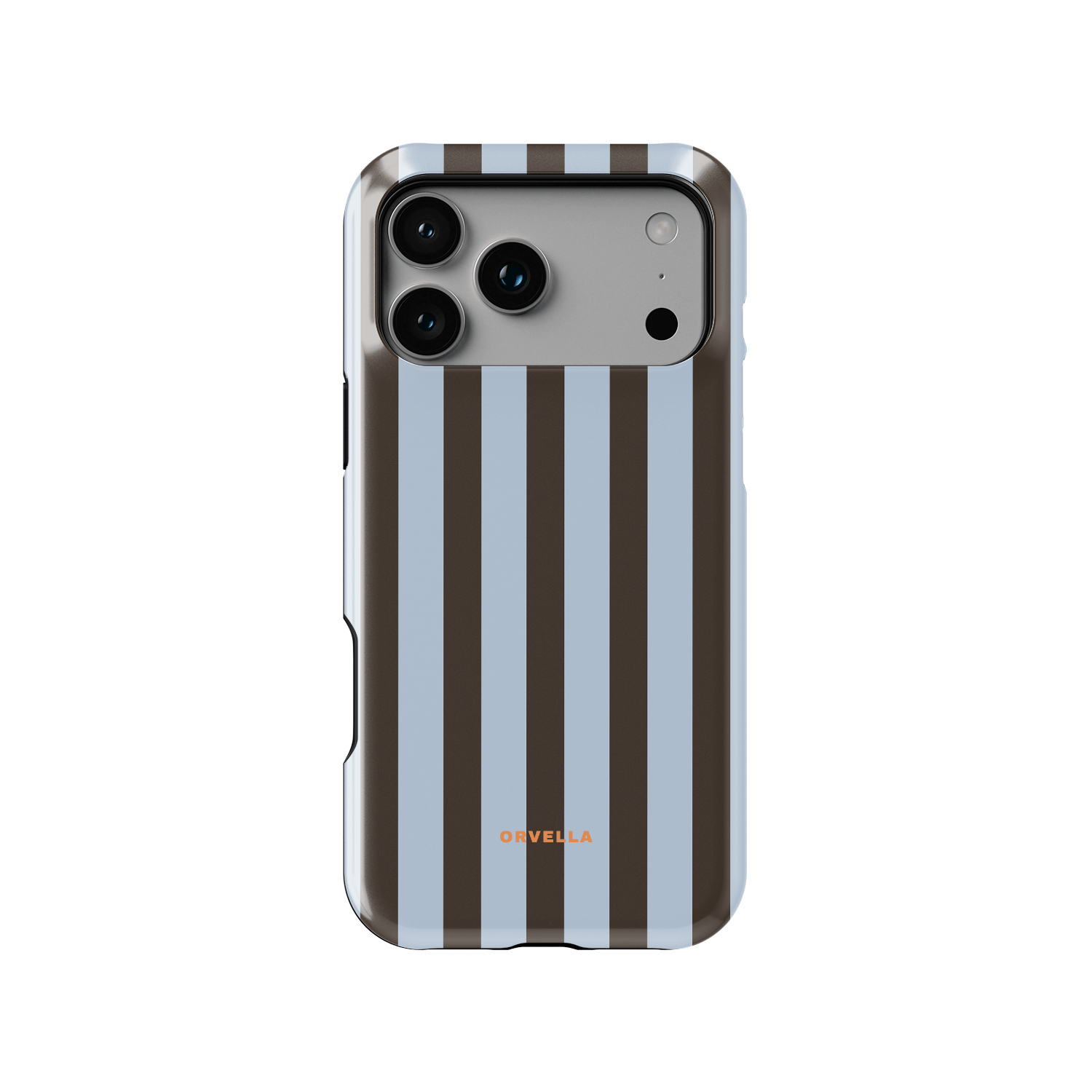 Brown and blue striped phone case featuring clean vertical chocolate brown stripes alternating with soft muted blue bands. Minimalist modern pattern with warm and cool colour contrast, creating a balanced contemporary aesthetic on a slim glossy cover design for iPhone and Samsung devices.