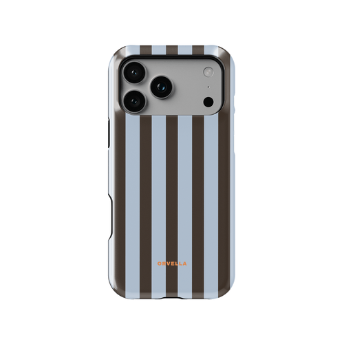 Brown and blue striped phone case featuring clean vertical chocolate brown stripes alternating with soft muted blue bands. Minimalist modern pattern with warm and cool colour contrast, creating a balanced contemporary aesthetic on a slim glossy cover design for iPhone and Samsung devices.