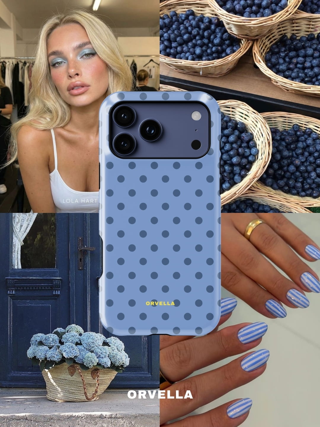 Collage-style product image featuring a blue polka dot phone case centred among lifestyle visuals: a model with soft glam makeup, baskets of blueberries, a blue door with flowers, and striped blue nails, creating a cohesive, cool-toned aesthetic.
