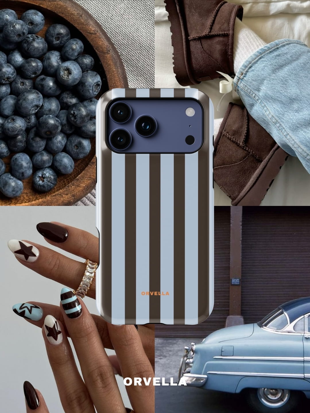 Collage featuring a phone case with vertical brown and dusty blue stripes centred over coordinated images: a wooden bowl of fresh blueberries, brown suede boots with light denim, retro blue car, and manicured nails with brown, blue, and star designs, creating a cosy vintage vibe.