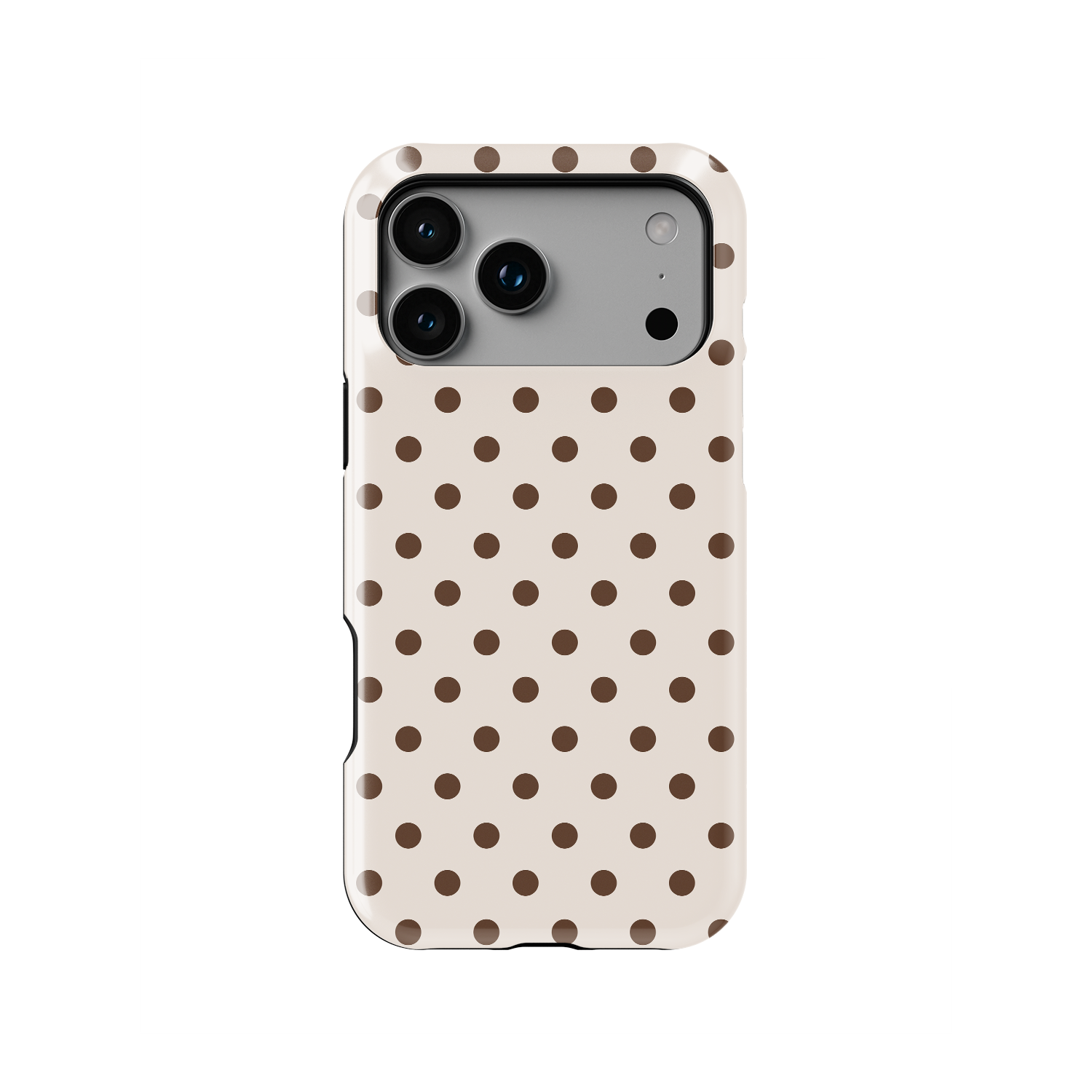 Cream and brown polka dot phone case with glossy finish in a chic minimal neutral aesthetic spot design.