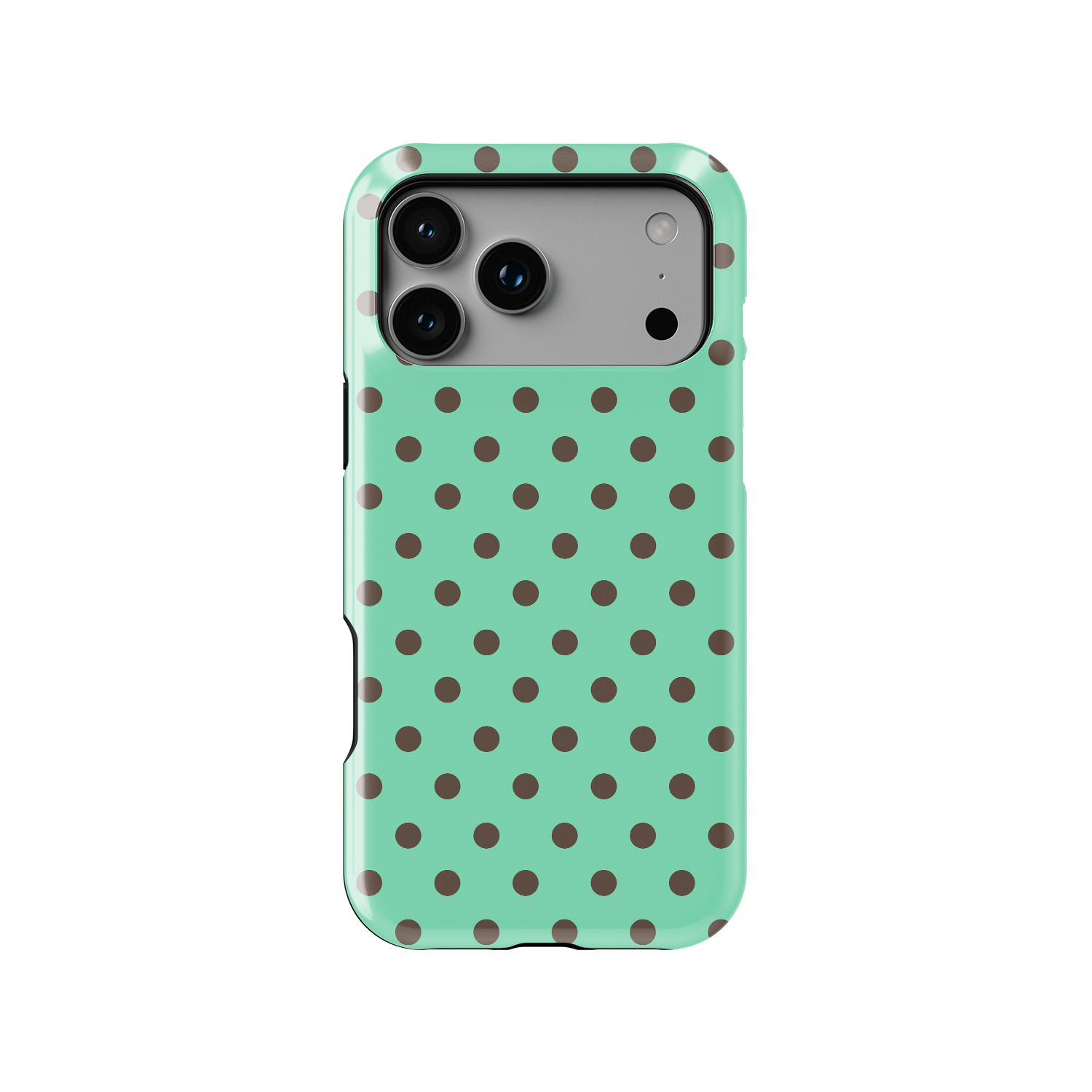 Mint green and brown polka dot phone case with glossy finish and minimal chic feminine design.