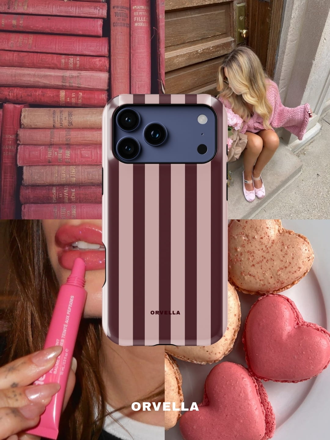 Collage featuring a phone case with vertical burgundy and blush pink stripes centred over romantic, vintage-inspired scenes: stacked antique red books, a woman in a pink cardigan holding flowers on stone steps, glossy pink lip gloss application, and heart-shaped macarons in soft rose tones.
