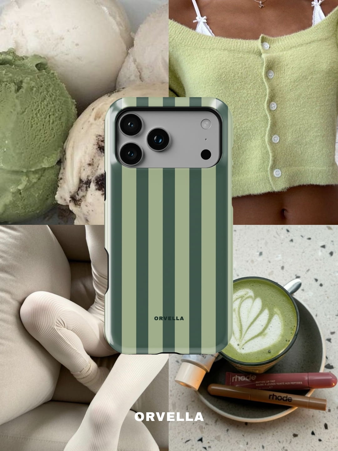 Collage featuring a green striped phone case centred over cosy green-toned visuals: matcha ice cream, a soft green cardigan, neutral loungewear, and a matcha latte with makeup, creating a calm, earthy aesthetic.