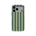 Green striped phone case featuring vertical sage and olive green stripes in a clean minimalist pattern. Soft earthy tones create a calm modern aesthetic with balanced lines on a slim glossy phone cover.
