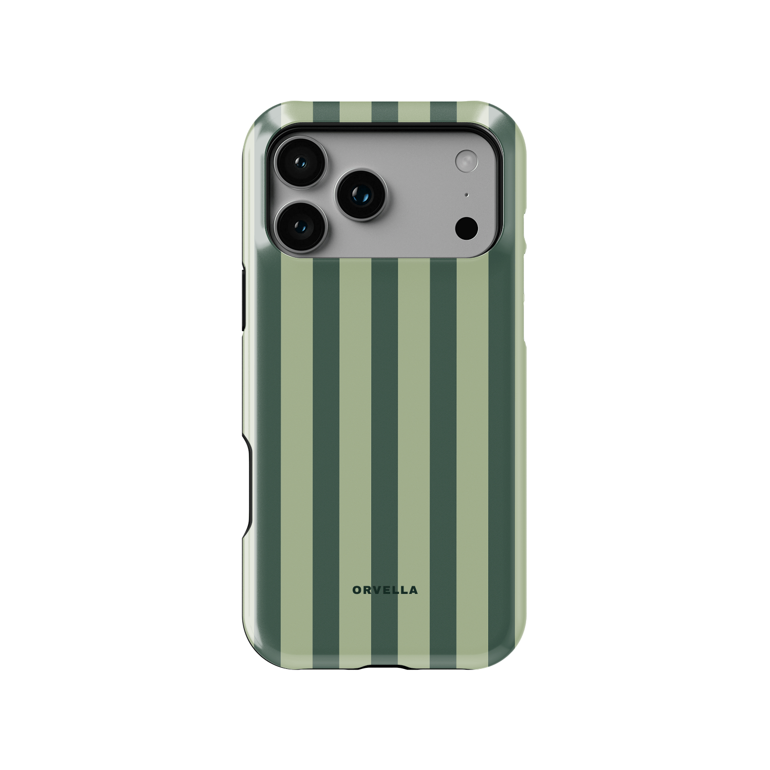 Green striped phone case featuring vertical sage and olive green stripes in a clean minimalist pattern. Soft earthy tones create a calm modern aesthetic with balanced lines on a slim glossy phone cover.