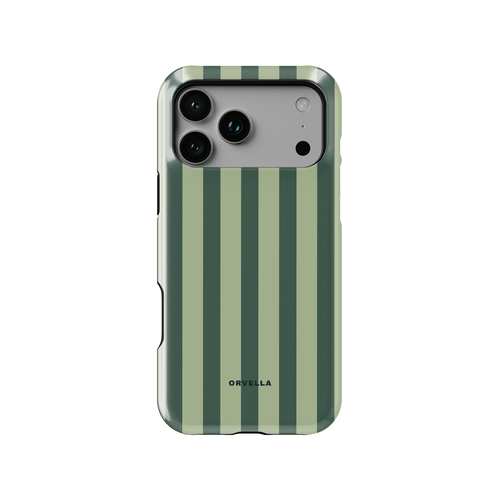 Green striped phone case featuring vertical sage and olive green stripes in a clean minimalist pattern. Soft earthy tones create a calm modern aesthetic with balanced lines on a slim glossy phone cover.