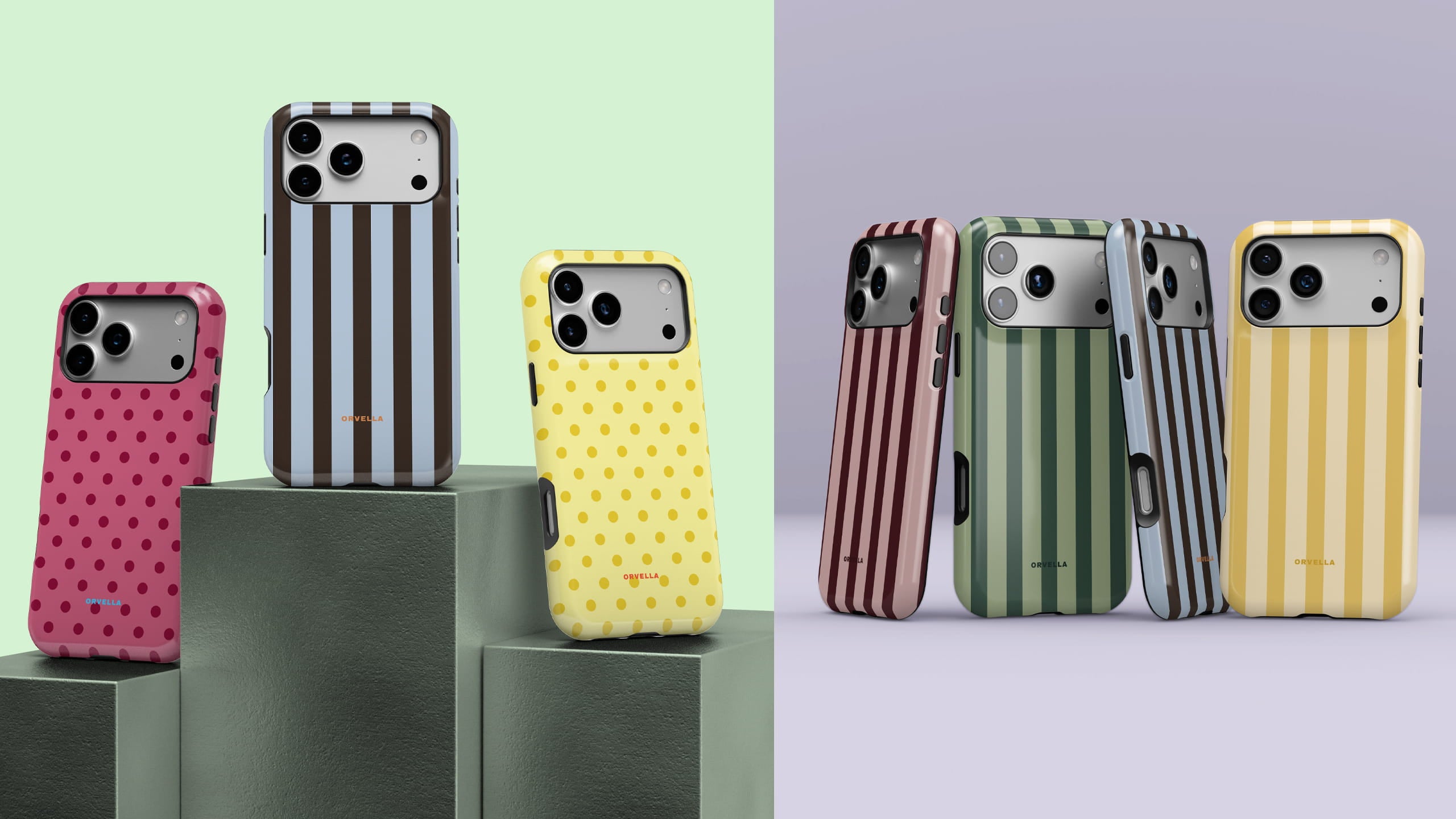 Split product image featuring colourful phone cases: polka dot designs in pink and yellow displayed on pedestal blocks against a green background, alongside striped cases in red, green, blue, and yellow on a soft purple backdrop, showcasing a playful collection.