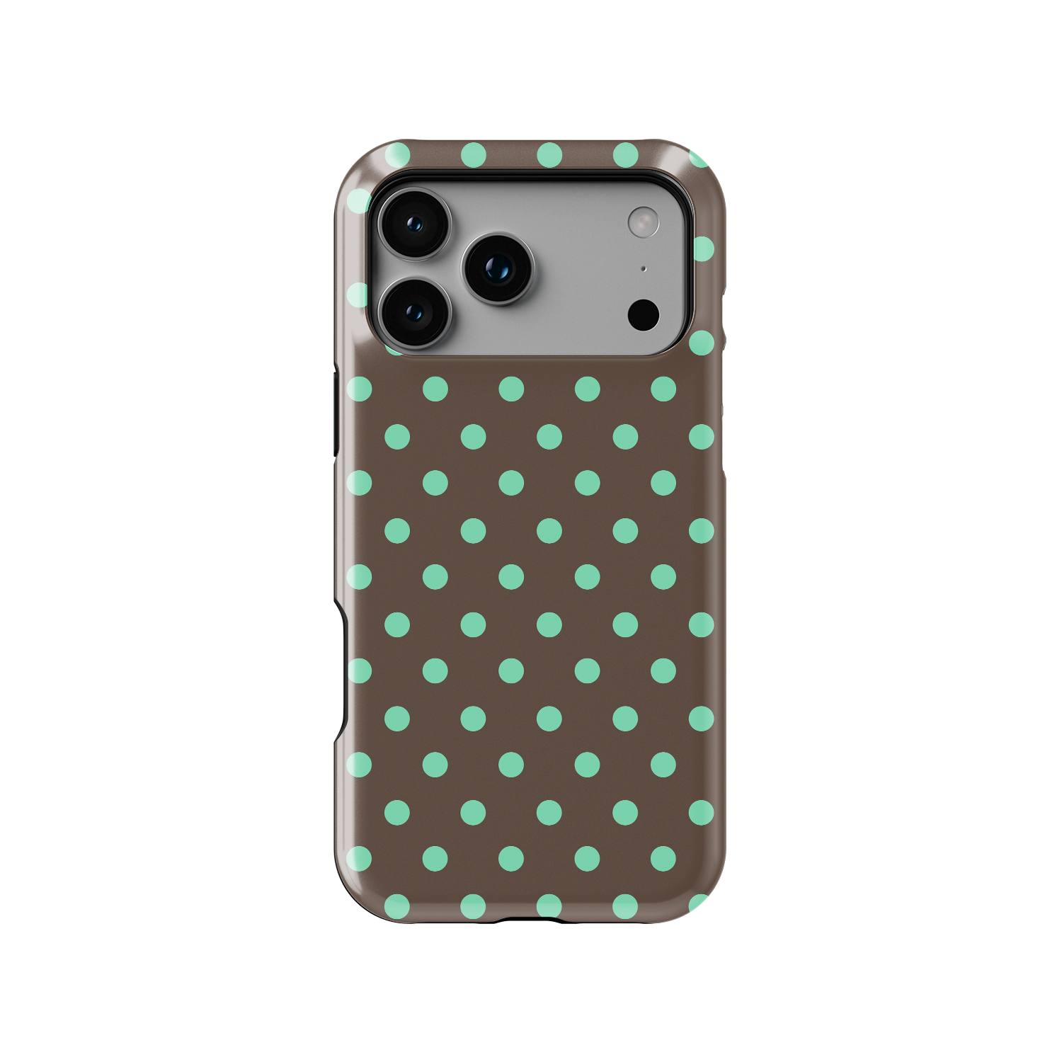 Brown and mint green polka dot phone case with chocolate base and soft mint dots, featuring a glossy finish and chic minimal design.