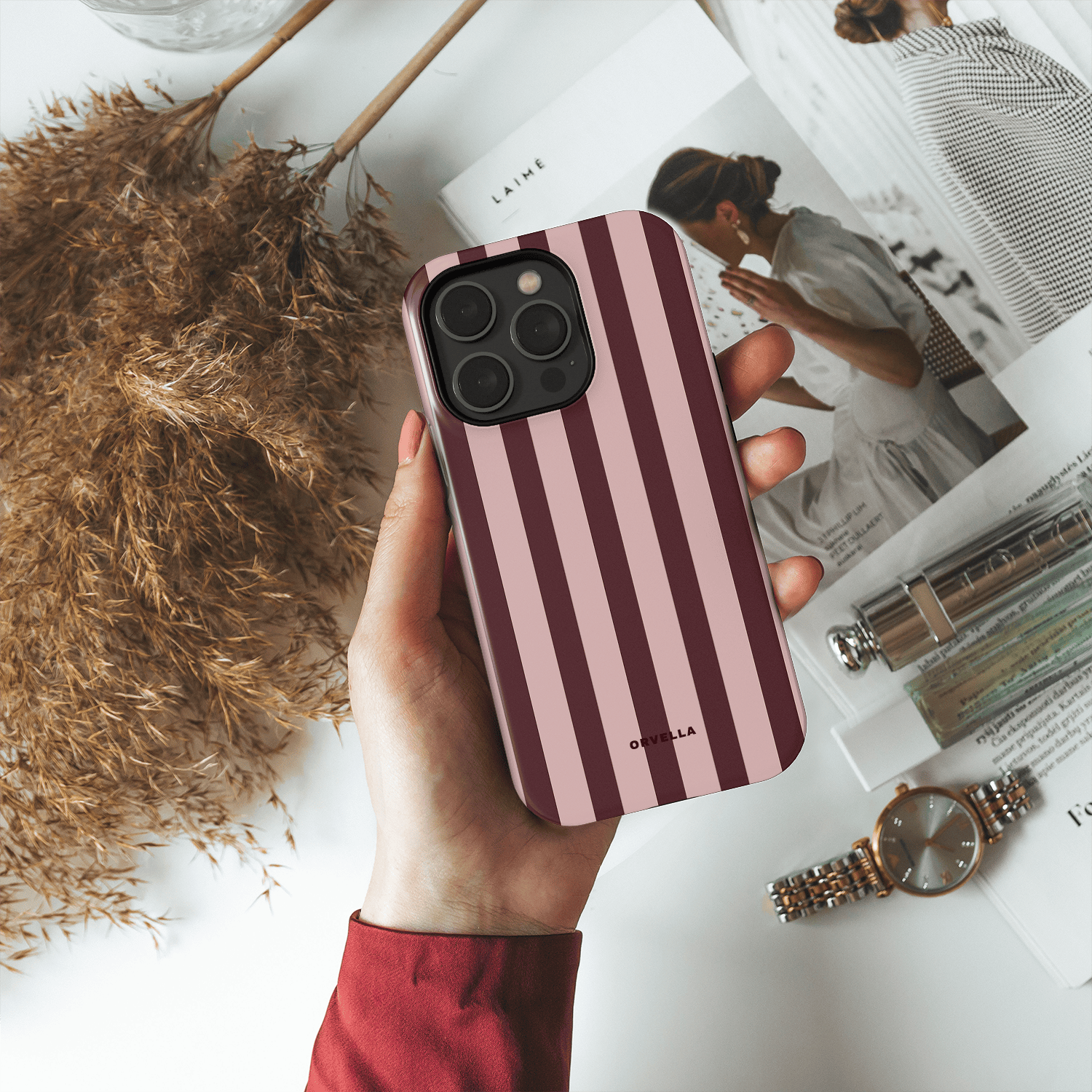 Pink & Burgundy Striped Phone Case - Modern Merlot