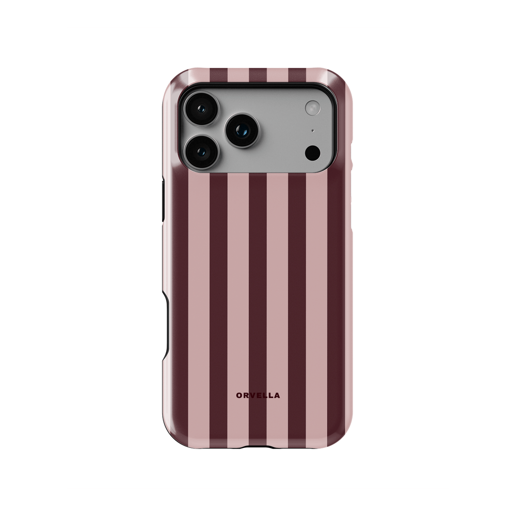 Pink and burgundy striped phone case with alternating blush and deep red vertical stripes. A chic feminine design with a modern aesthetic on a sleek protective cute phone case.