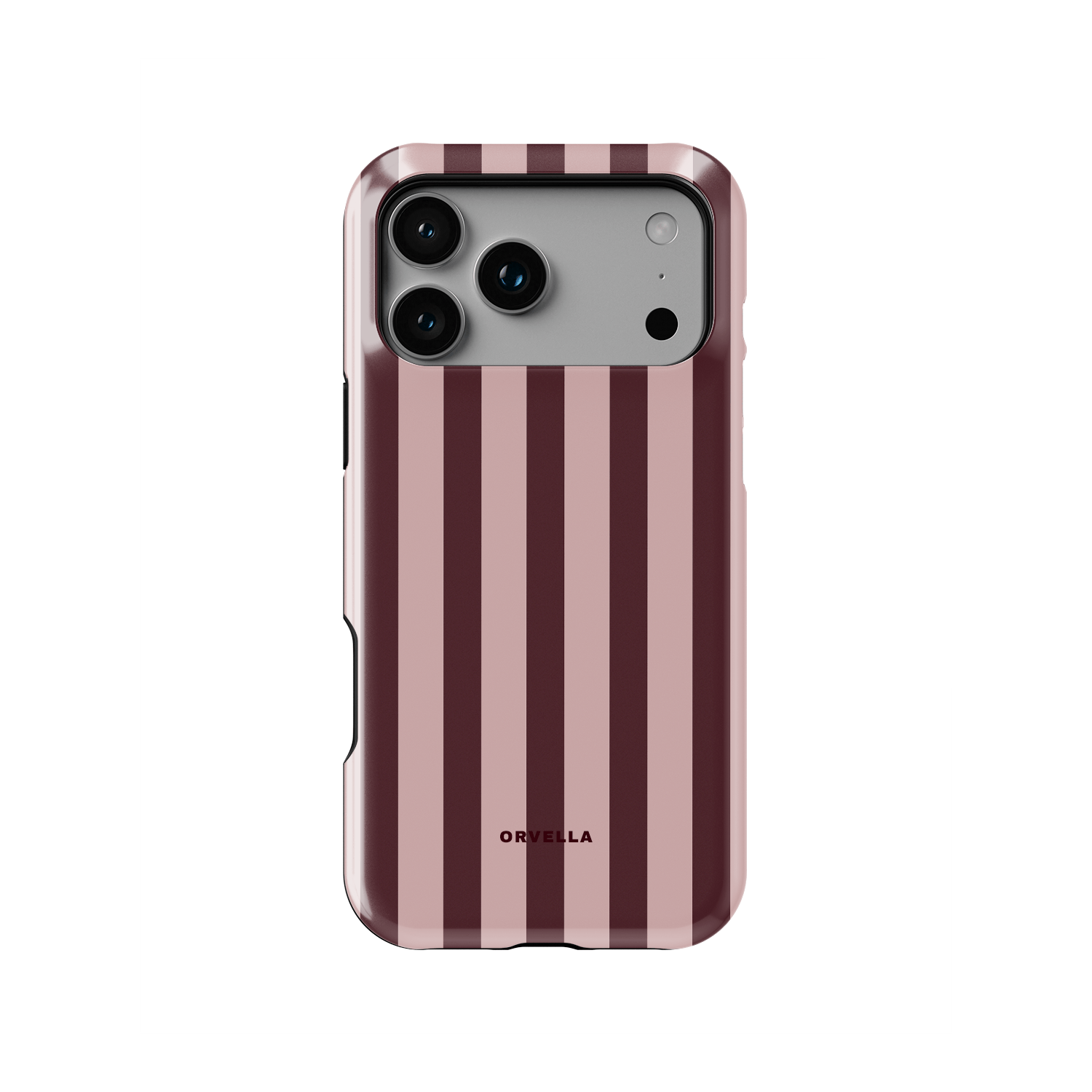 Pink and burgundy striped phone case with alternating blush and deep red vertical stripes. A chic feminine design with a modern aesthetic on a sleek protective cute phone case.