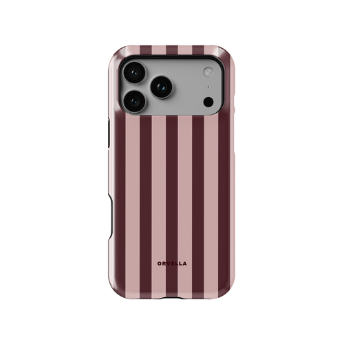 Pink and burgundy striped phone case with alternating blush and deep red vertical stripes. A chic feminine design with a modern aesthetic on a sleek protective cute phone case.