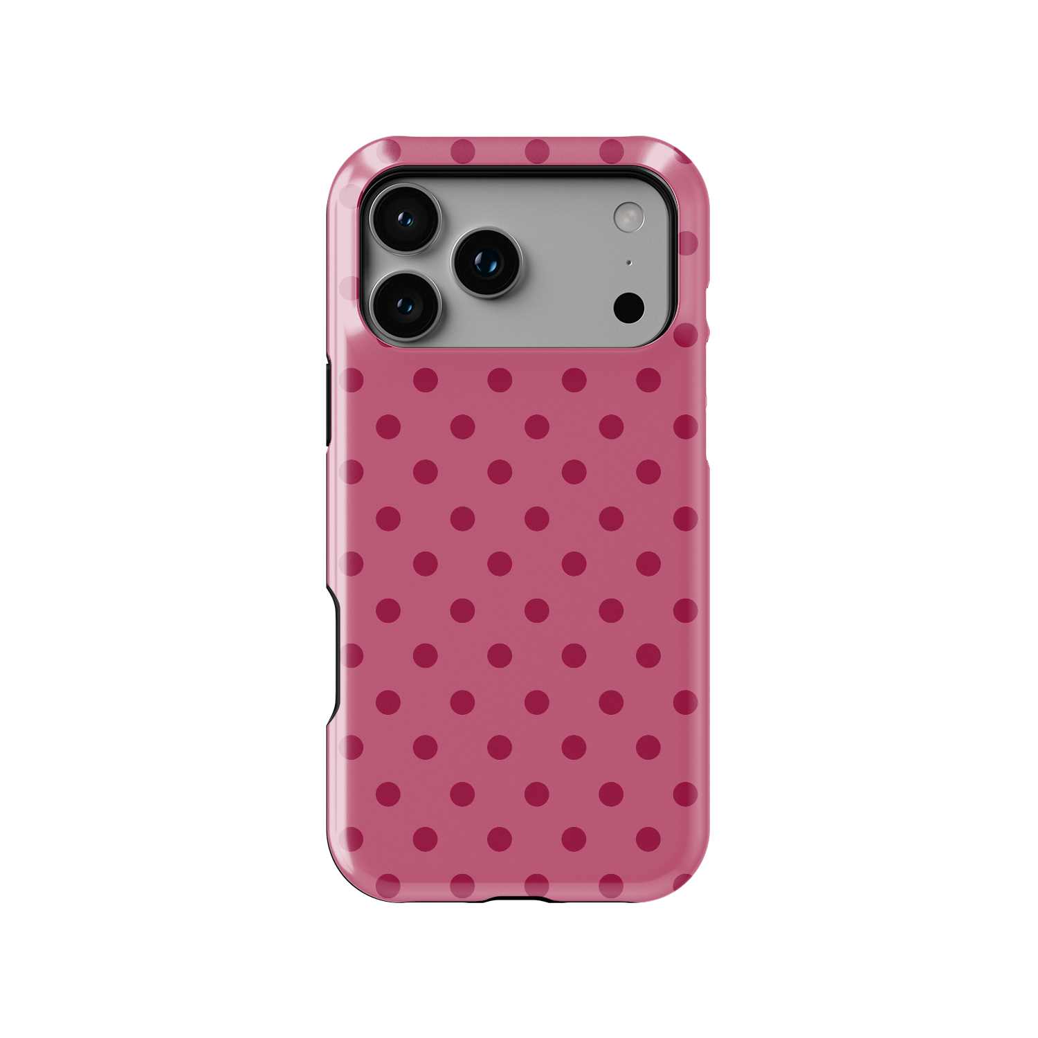 Pink polka dot iPhone case in guava pink with berry dots, featuring a glossy finish and minimal girly aesthetic design.