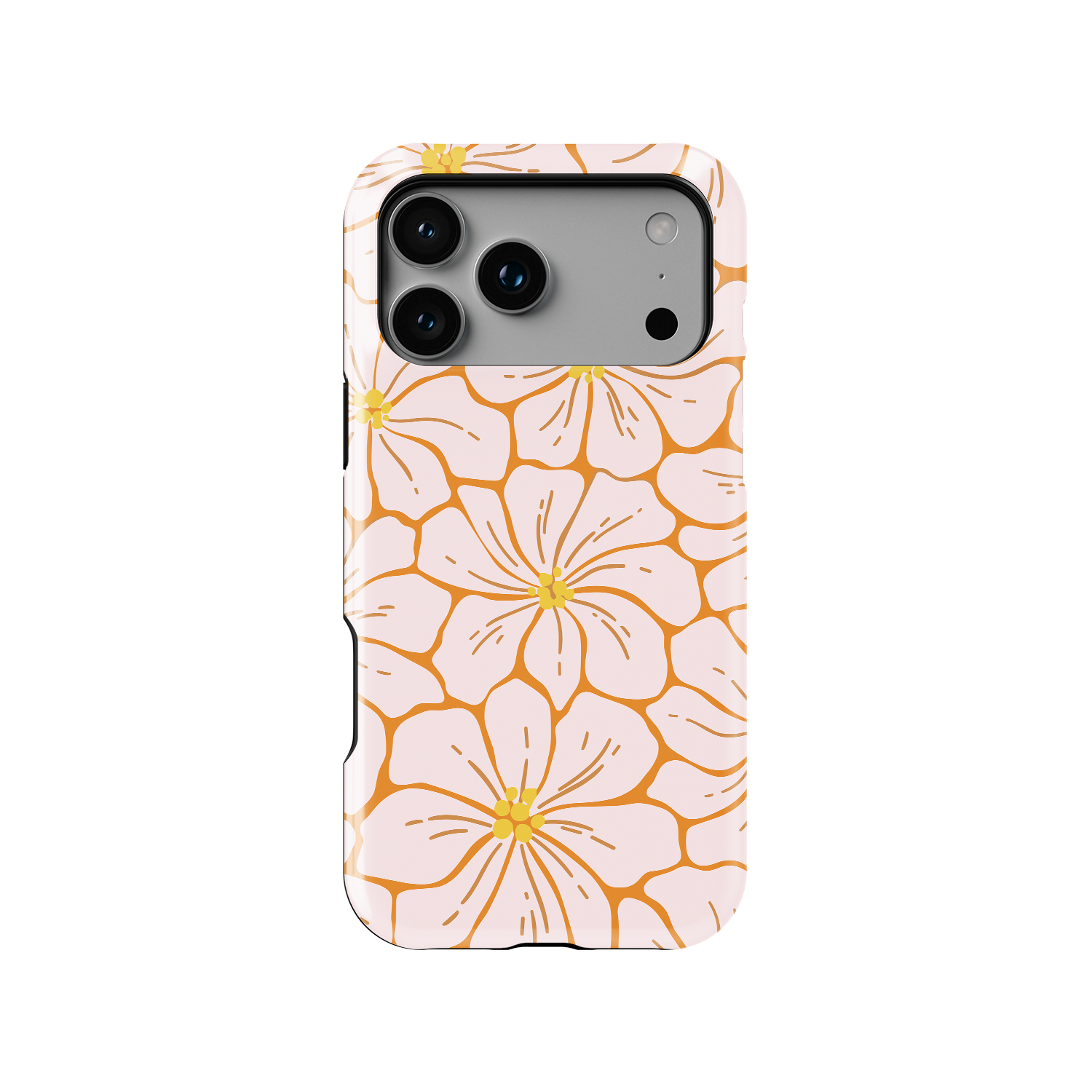 Pink and orange floral iPhone case with oversized minimalist flower pattern in soft blush and warm sunset tones, glossy protective phone case for women featuring a chic aesthetic design compatible with multiple iPhone models.