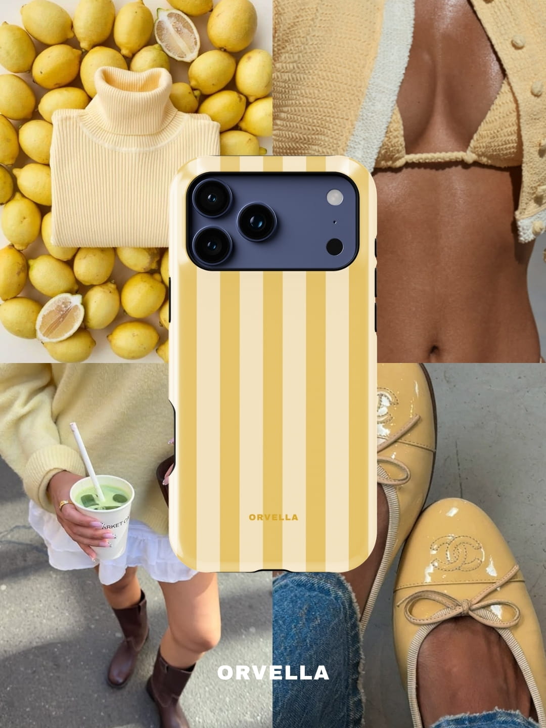 Collage featuring a yellow striped phone case centred over lemon-themed visuals: fresh lemons, a cream sweater, a yellow bikini, iced matcha, and beige ballet flats, creating a bright, sunny, summer-inspired aesthetic.