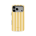 Yellow striped phone case with alternating butter yellow and cream vertical stripes. A soft warm-toned minimalist design with a clean aesthetic on a sleek protective phone cover.