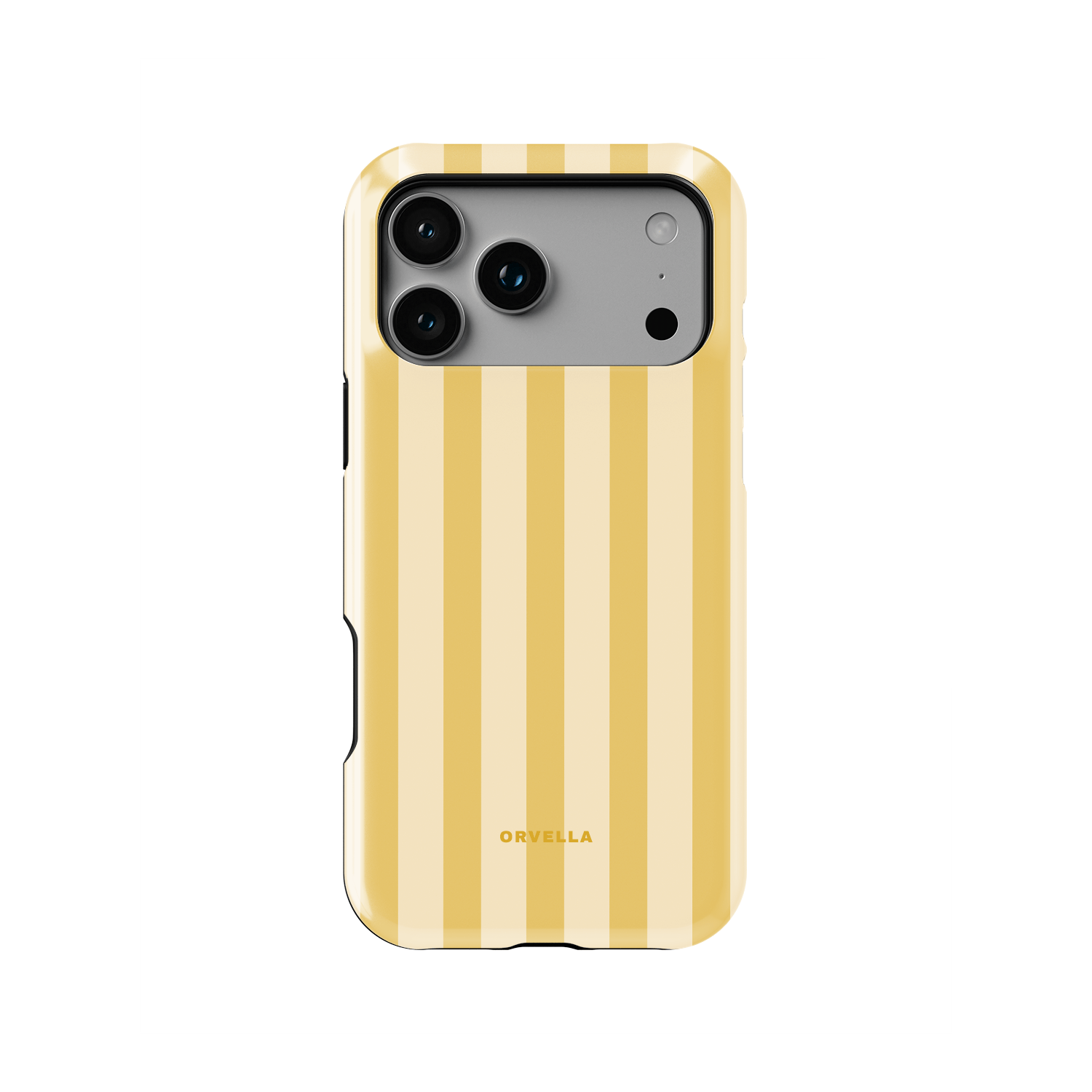 Yellow striped phone case with alternating butter yellow and cream vertical stripes. A soft warm-toned minimalist design with a clean aesthetic on a sleek protective phone cover.
